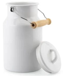 Milchkanne Emaille mit Holzgriff
